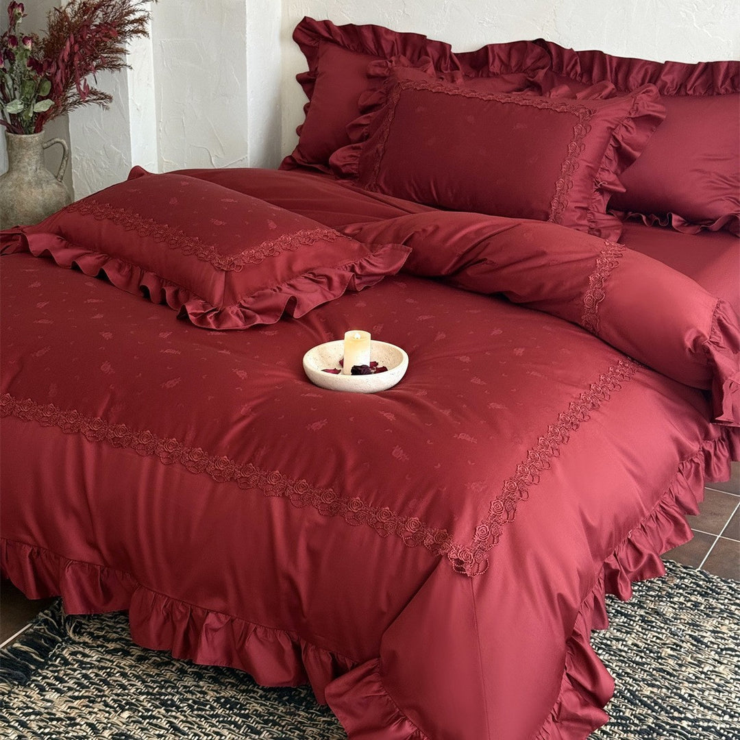 Luxury Ruffled Lace Duvet Cover Set with Embroidered Scallop Trim
