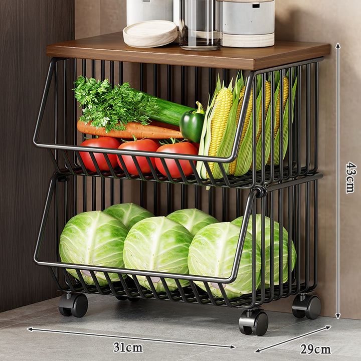 Vertical Five-Tier Rolling Kitchen Produce Storage Cart with Wooden Top and Pull-Out Wire Baskets