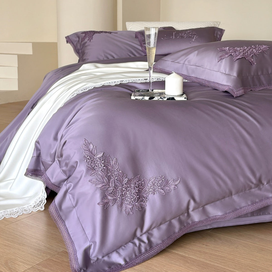Silky Satin Duvet Ensemble with Floral Appliqué Embroidery, Scalloped Lace Border & Hidden Closure