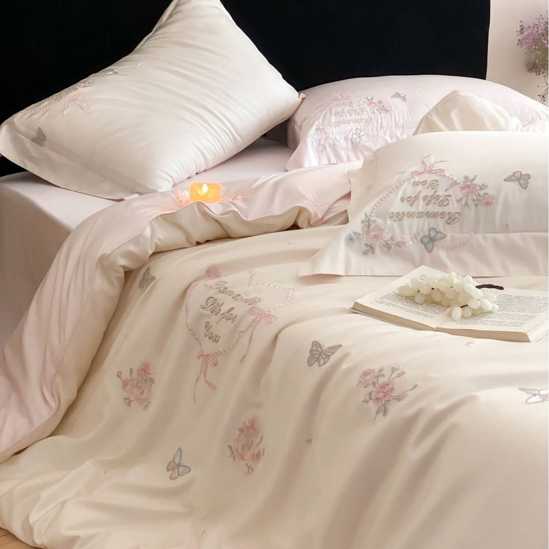 Silk-Feel Satin Embroidered Butterfly and Floral Duvet Cover Set with Pillowcases