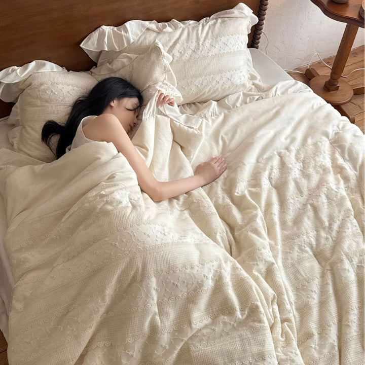 Ruffled Quilted Cotton Comforter & Pillow Sham Set