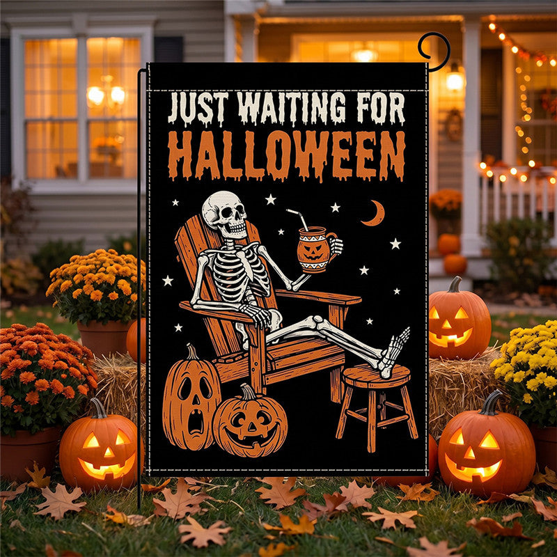 Outdoor Halloween Garden Flag Double-Sided Polyester Yard Banner with Skeleton and Jack-o'-Lantern Illustration