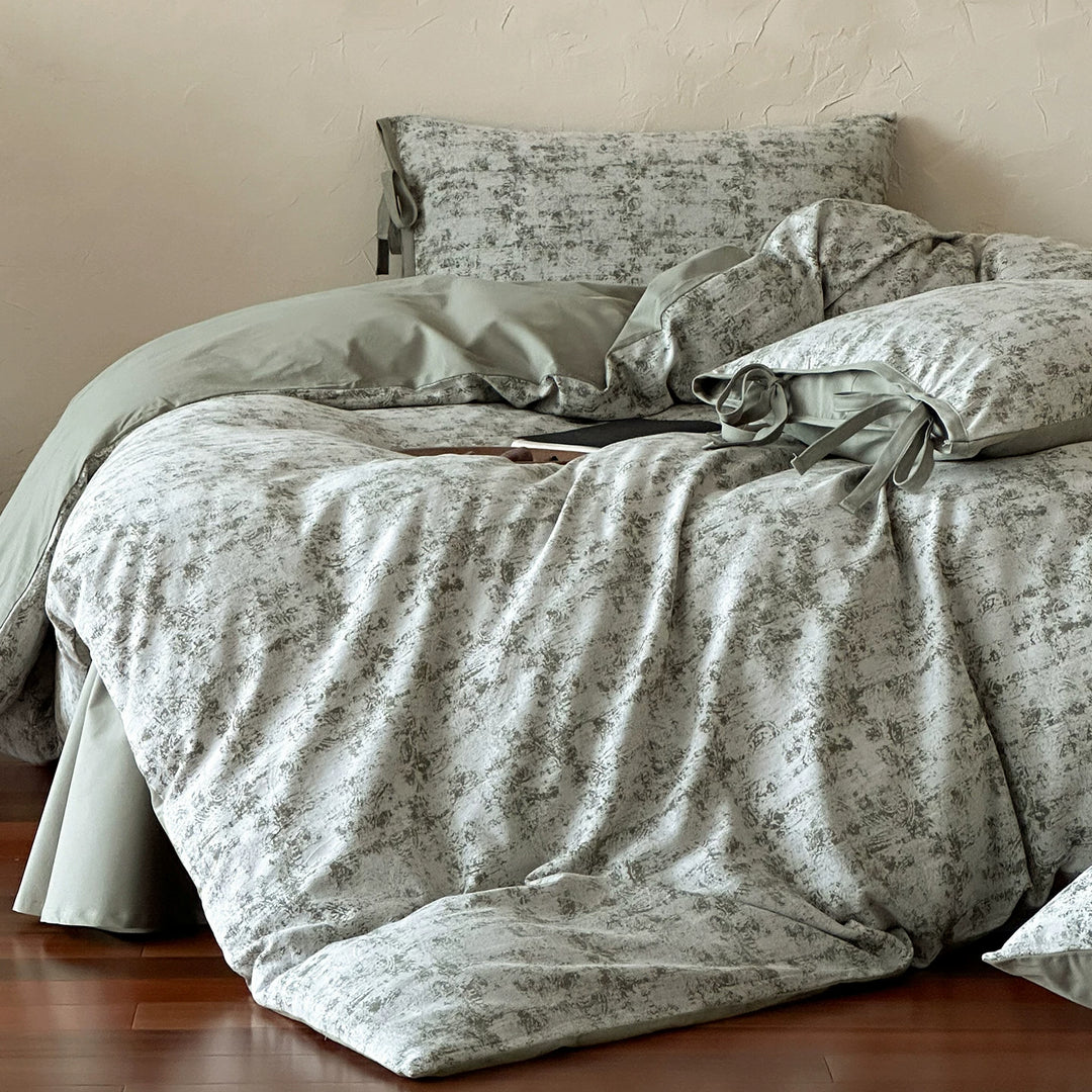 Cotton-Linen Toile Print Duvet Cover Set with Side Tie Closures