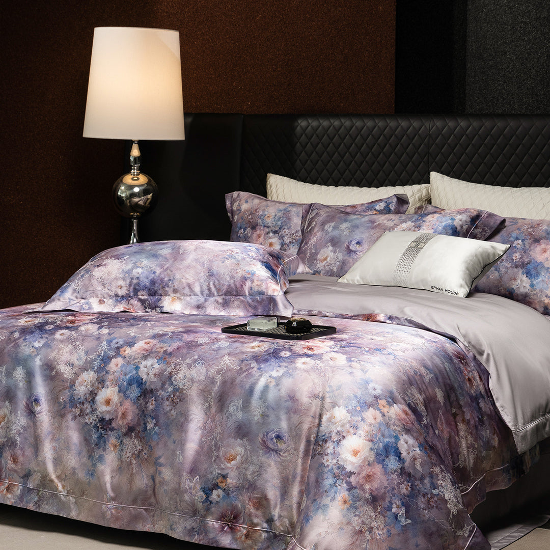 Satin bedding set in watercolor floral pattern with silky smooth finish
