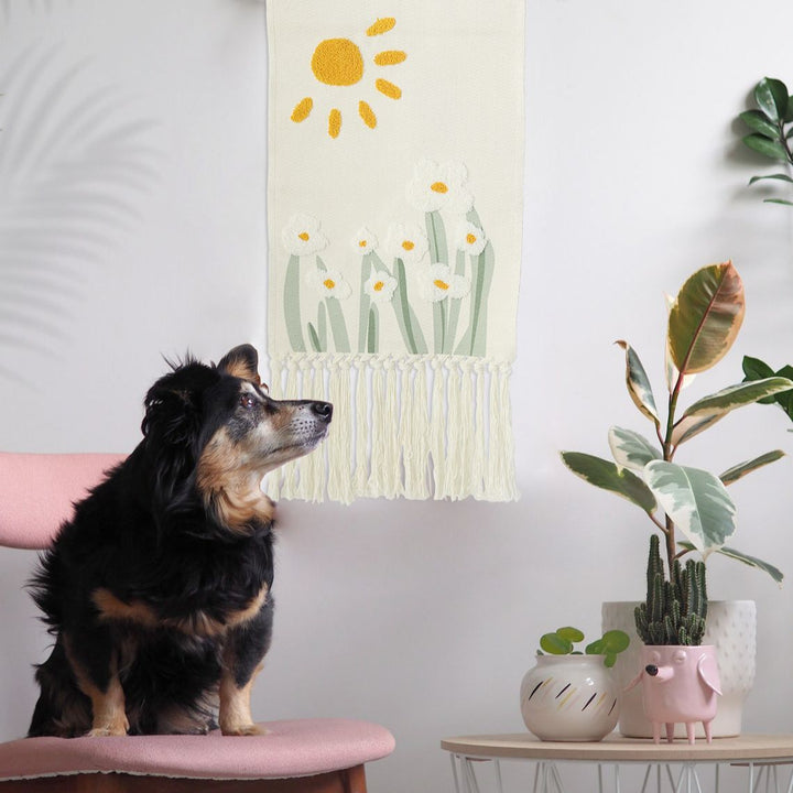 Boho Wall Hanging with Woven Flower Tufting and Macrame Fringes