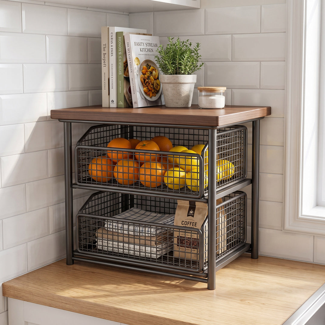 Countertop Coffee Machine Stand with Sliding Wire Mesh Basket and Elevated Wood Top