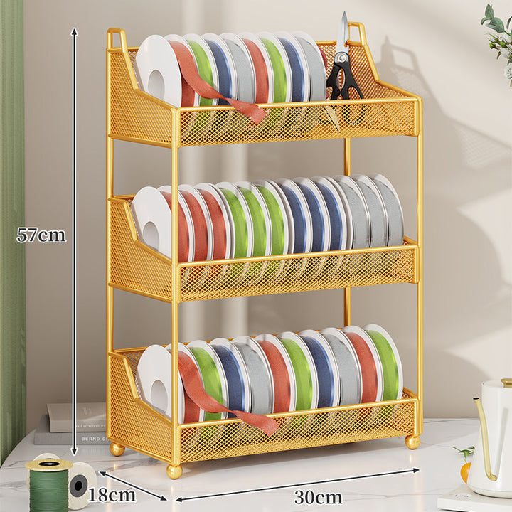 Metal Mesh Ribbon and Tape Spool Organizer with Integrated Scissor Slot