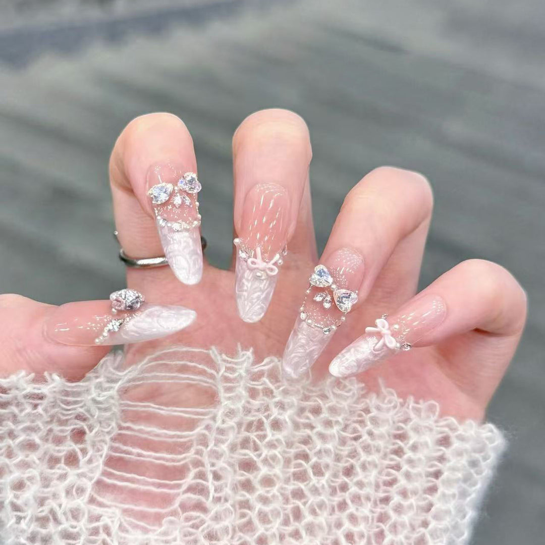 Decorative Stiletto Press-On Nail Set with Bow and Gem Accents Stornfield