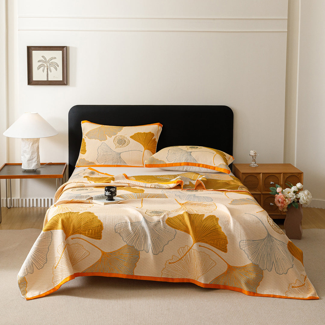 Jacquard Woven Bedspread and Pillowcase Ensemble with Scenic Tree and Deer Motif