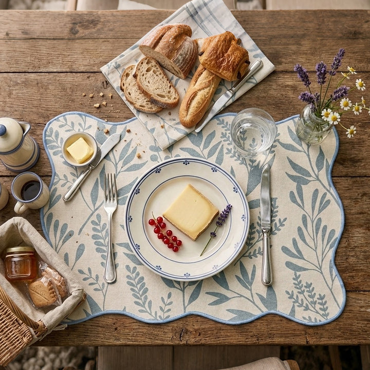 Shaped table set with curved contour and botanical leaf pattern Stornfield