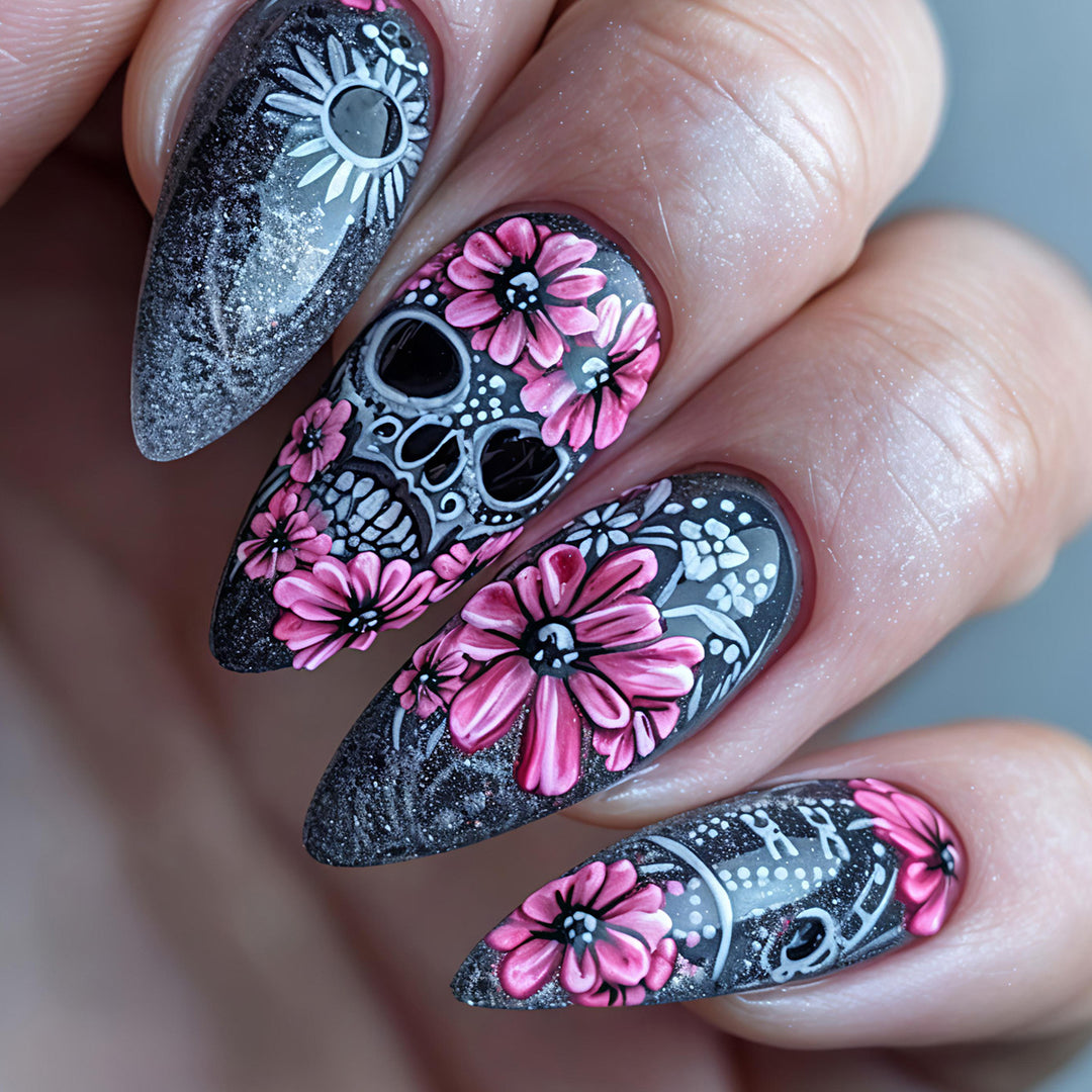 Artificial nails with Lifelike Skull Design and Floral Accents Stornfield