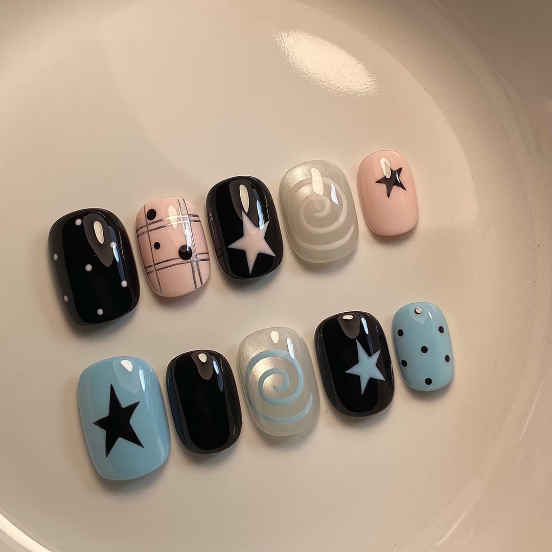 Decorative Press-On Nail Art Set with Star and Swirl Designs