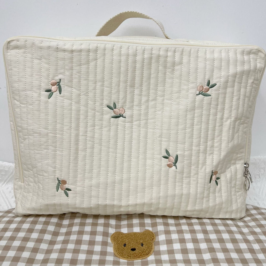 Quilted Portable Baby Mattress Carry Case with Handle and Embroidered Fruit Motif