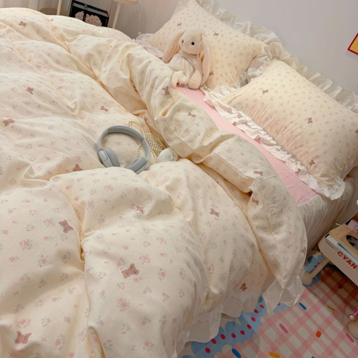 Pastel Patchwork Ruffled Cotton Duvet Cover Set with Lace-Trim Pillow Shams