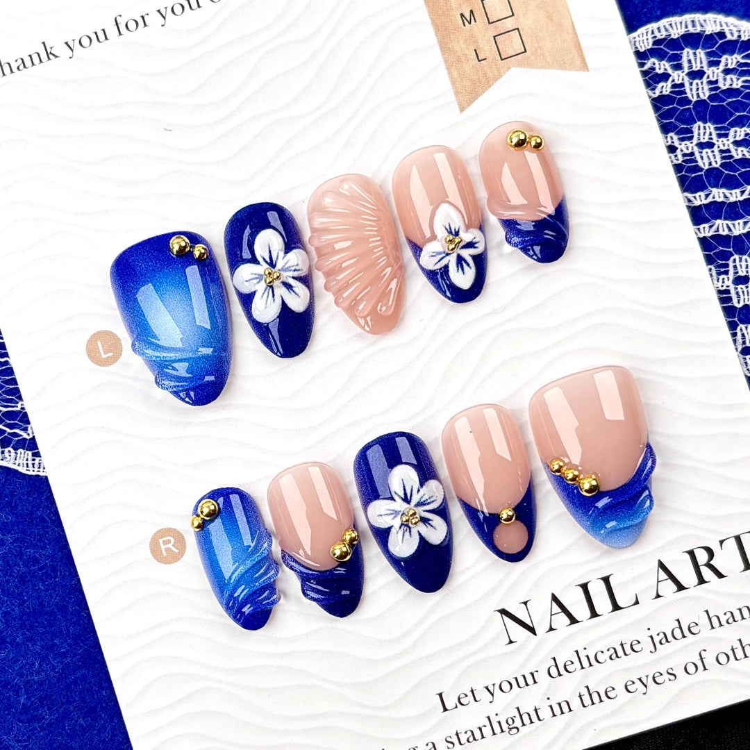 Artistic Press-On Nail Set with Floral and Jewel Accents