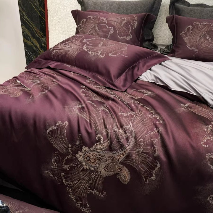 Silky Jacquard Floral-Embroidered Duvet Cover Ensemble with Reversible Sateen Back and Euro Shams