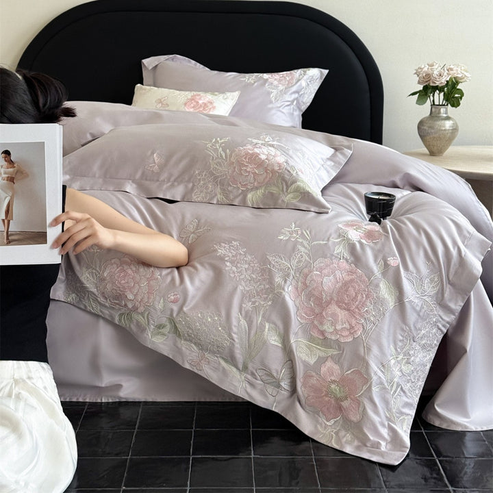 Embroidered Botanical Satin Duvet Cover Set with Decorative Pillow Shams and Hidden Closure