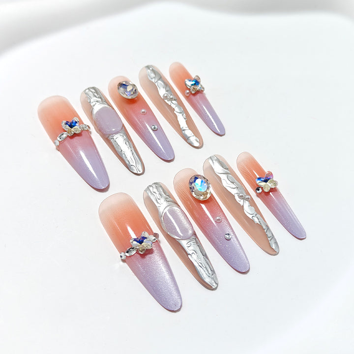 Artificial nails with elegant ombre design and jewelry accents Stornfield