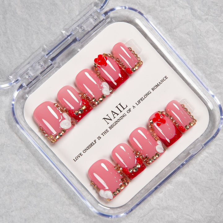 Decorative Press-On Nail Set with Crystal Accents