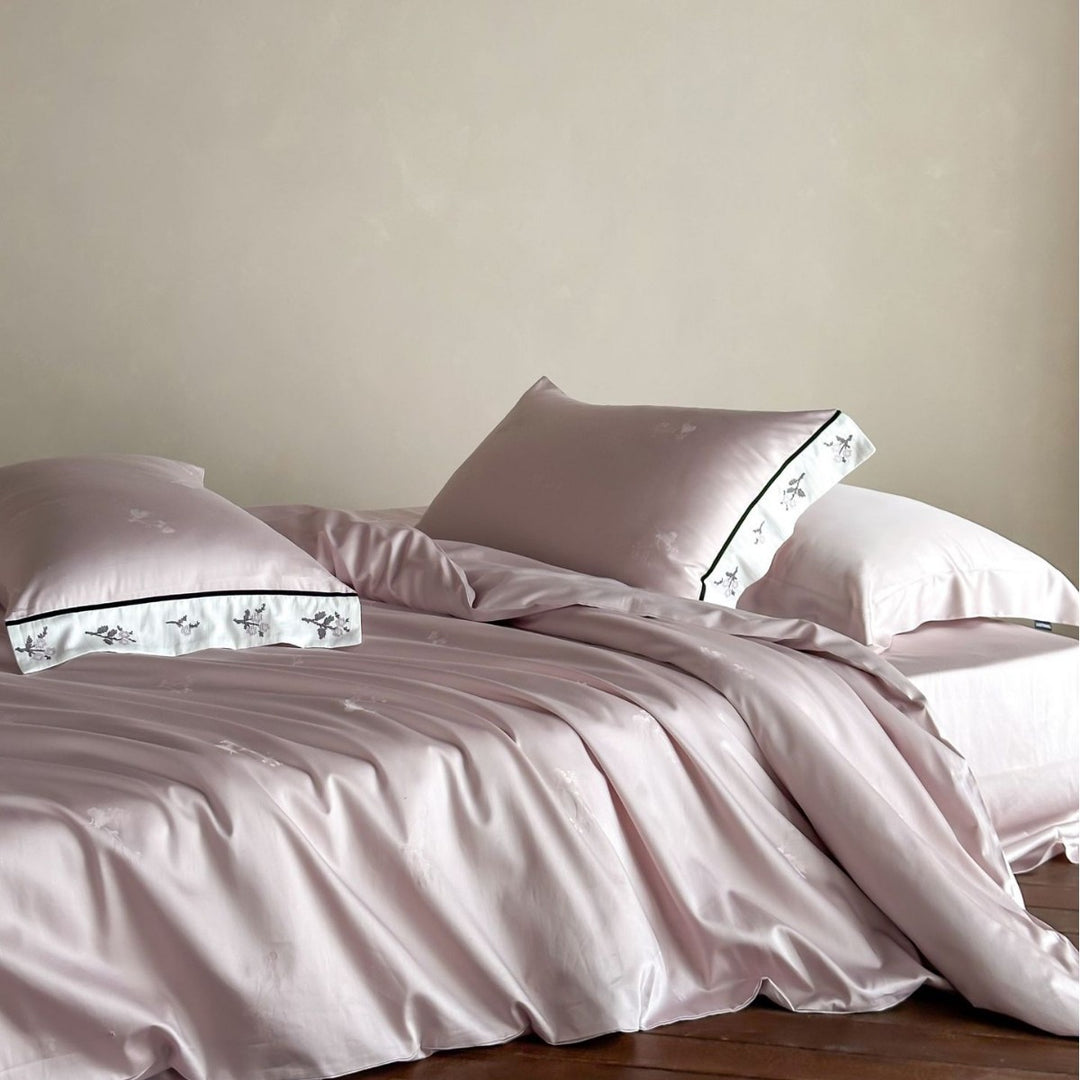 Embroidered Satin-Feel Duvet Cover Set with Floral Trim
