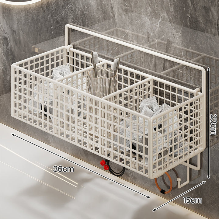 Wall-Mounted Metal Grid Bathroom Caddy with Triple Compartments Hooks and Drainable Base