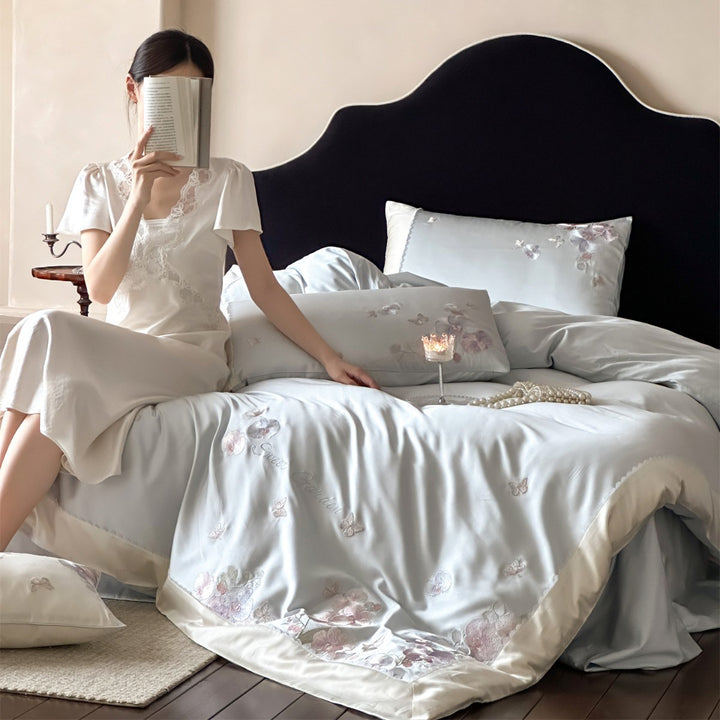 Embroidered Floral Satin-Feel Duvet Cover Set with Lace-Trim Pillow Shams