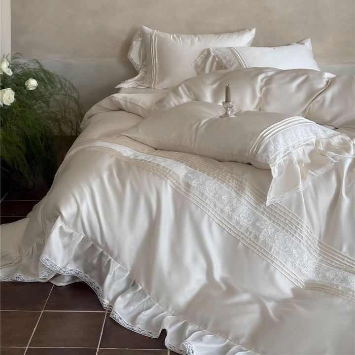 Luxury Satin Ruffled Lace-Trim Duvet Cover Set