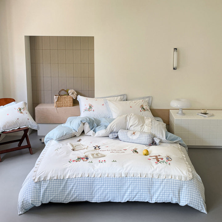 Embroidered Gingham Picnic-Illustration Cotton Duvet Cover Bedding Set