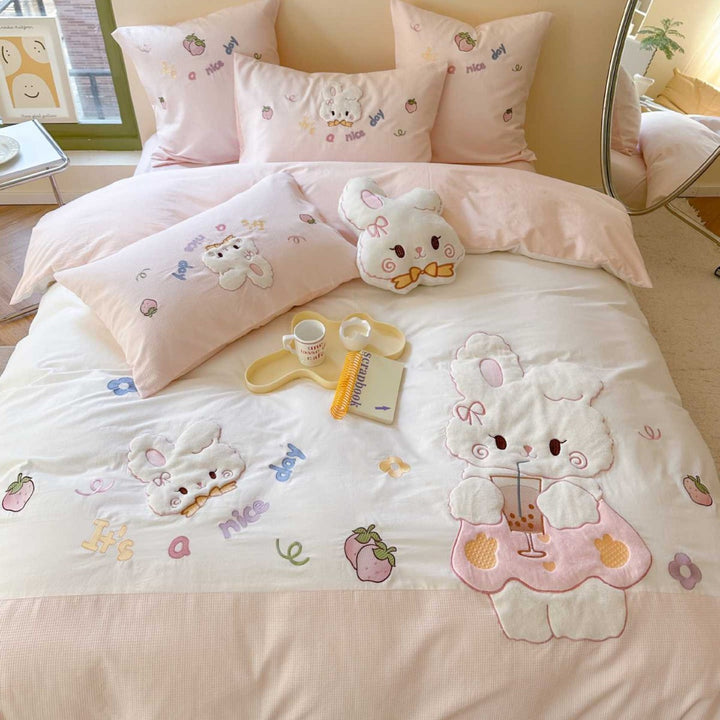 Cotton Embroidered Bunny Duvet Cover and Pillowcase Bedding Set
