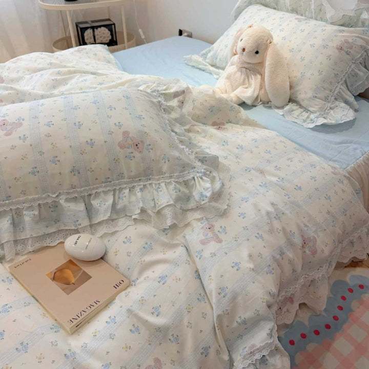 Ruffled Teddy-Pattern Cotton Sateen Duvet Cover Set with Reversible Sheet and Lace-Trim Pillow Shams