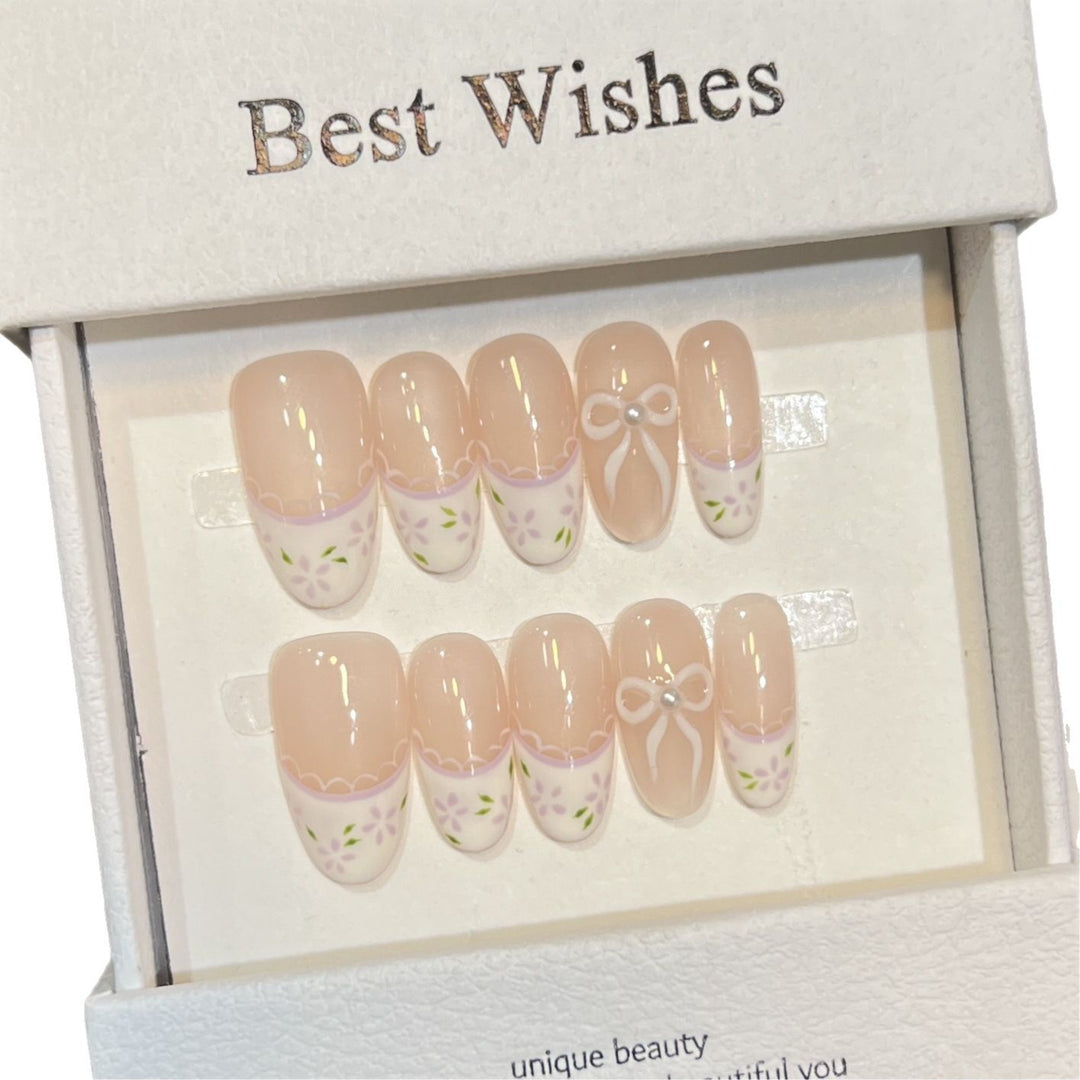 Decorative Press-On Nail Set with Floral Bow Design Stornfield