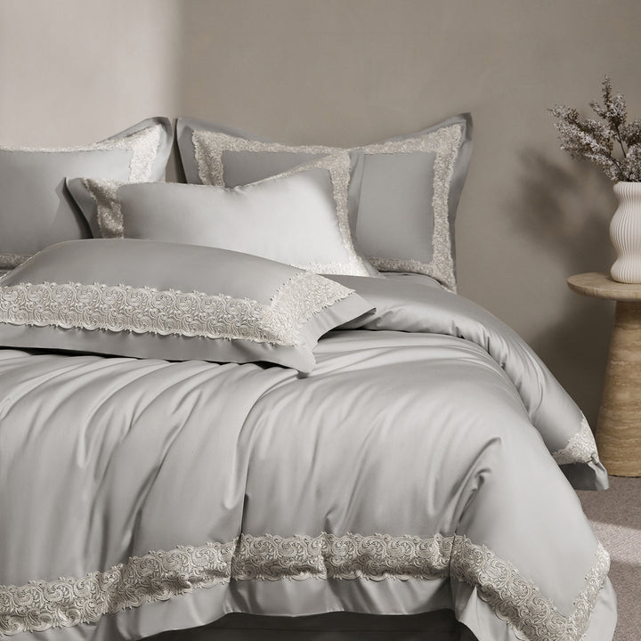 Luxury Sateen Duvet Cover Ensemble with Scalloped Lace Border and Tailored Bed Skirt
