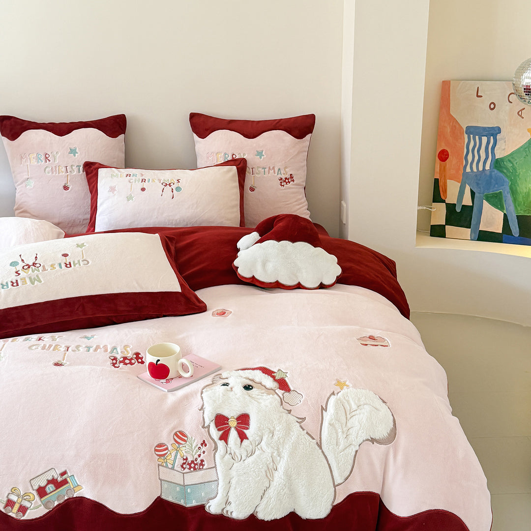 Embroidered Festive Plush Duvet Cover Bedding Set with Scalloped Hem & Decorative Pillow Shams