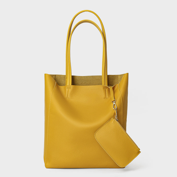 Minimalist Open-Top Tall Pebbled Leather Tote with Detachable Pouch