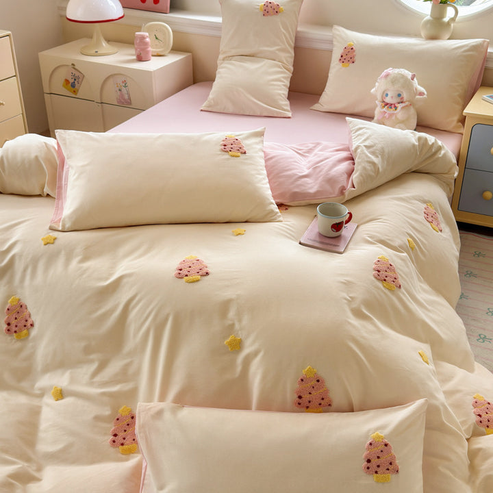 Plush Embroidered Cherry Motif Comforter and Pillow Sham Set