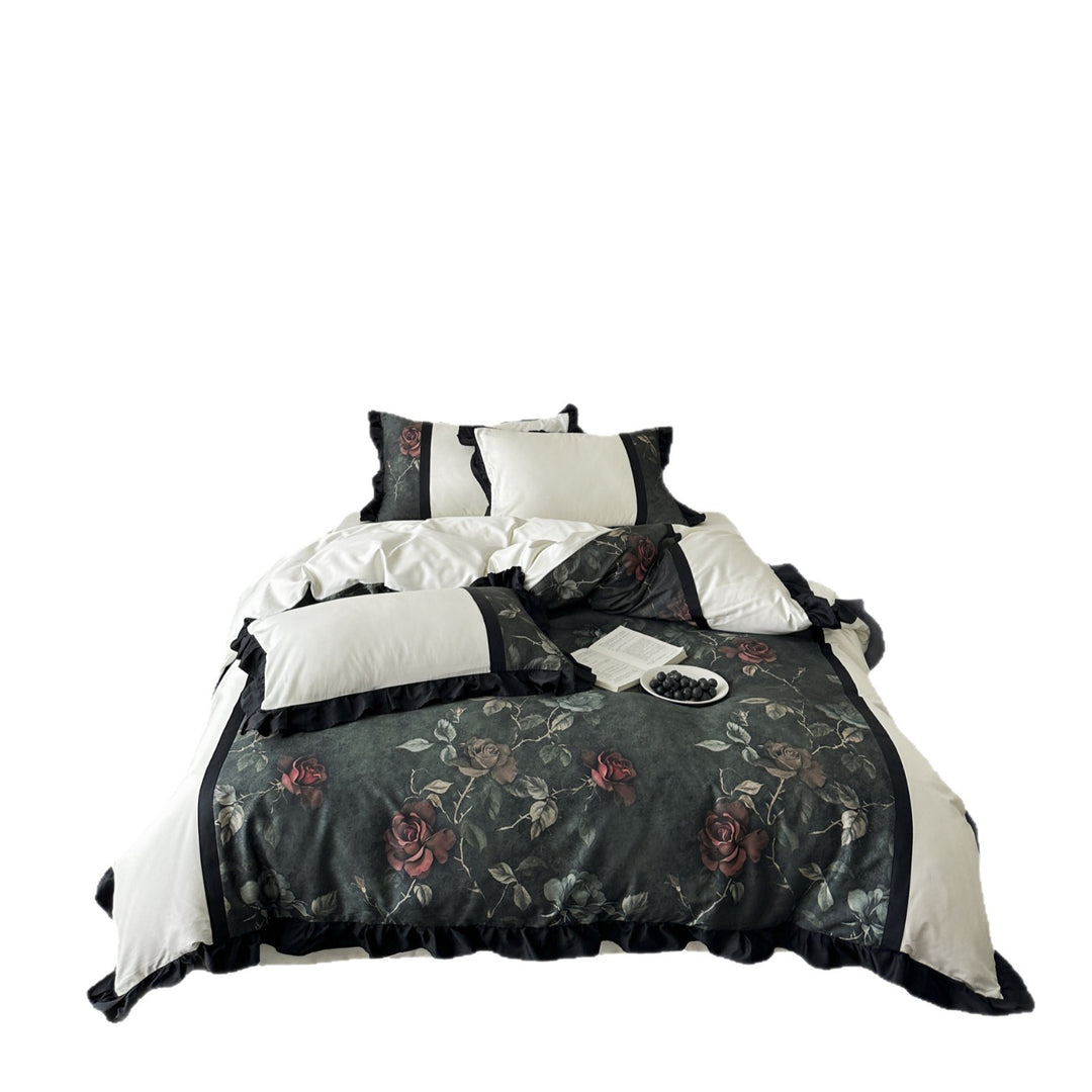Premium bedding set made of cotton satin with floral jacquard and contrasting frill