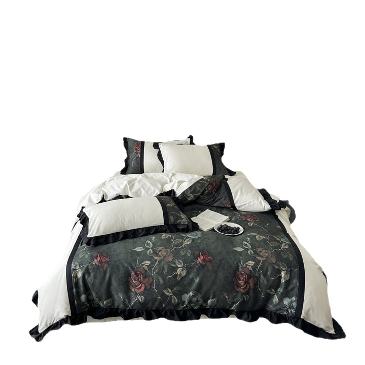 Premium bedding set made of cotton satin with floral jacquard and contrasting frill