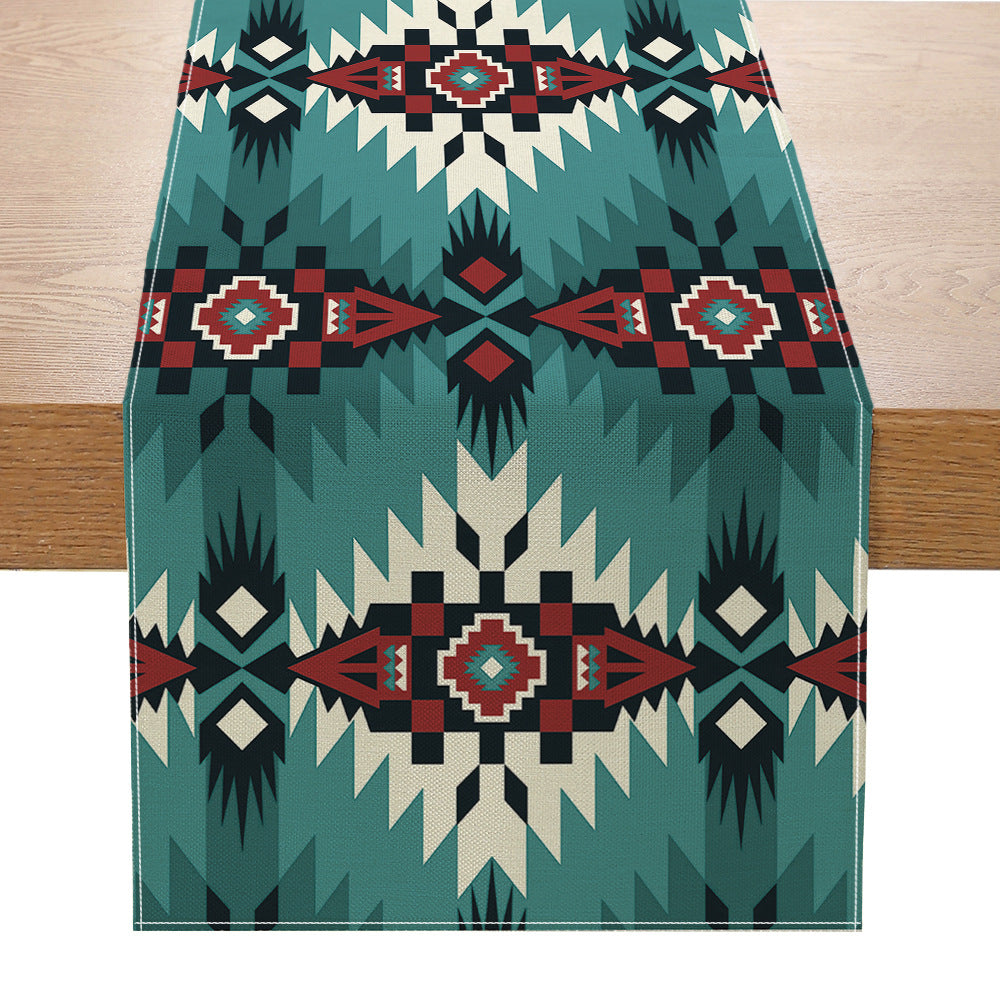 Southwestern Pattern Cotton-Linen Table Runner with Aztec Geometric Print
