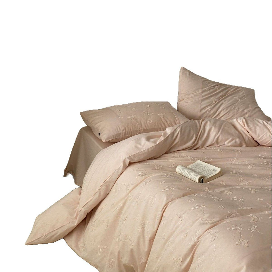 Romantic cotton satin bedding with embroidered butterfly and floral relief