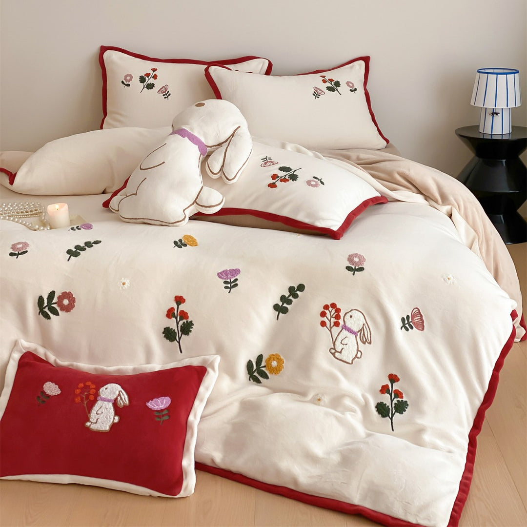 Embroidered Bunny Floral Cotton-Sateen Duvet Cover Set with Piped Edge and Decorative Shams