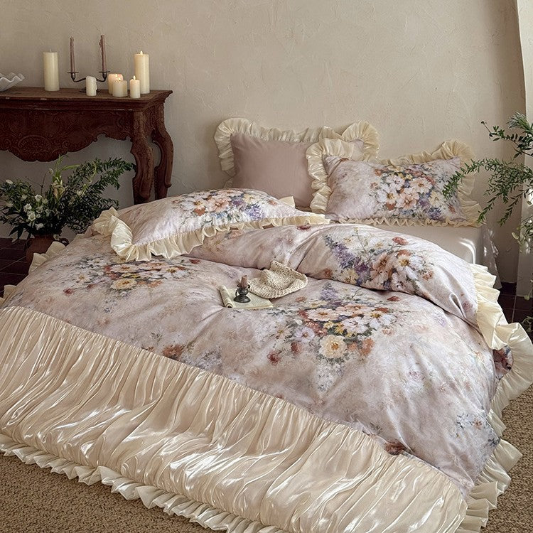 Luxurious bedding set made of cotton satin with floral watercolor print, gathered satin border, and frill pillow