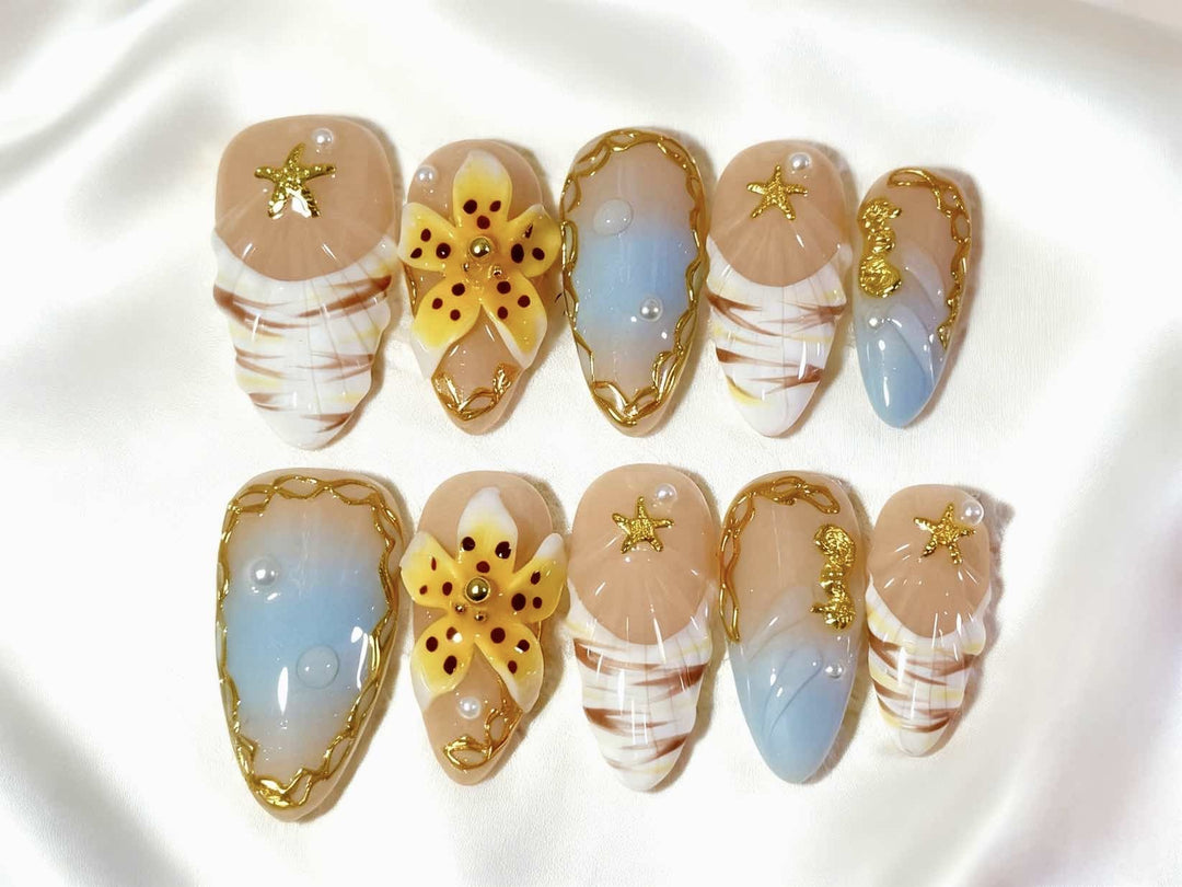 Decorative Press-On Nail Art Set with Ocean-Inspired Themes