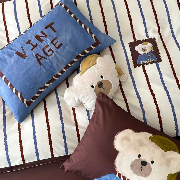 Cute Teddy Bear Cotton Duvet Cover Set with Striped Bedspread and Plush Pillowcase