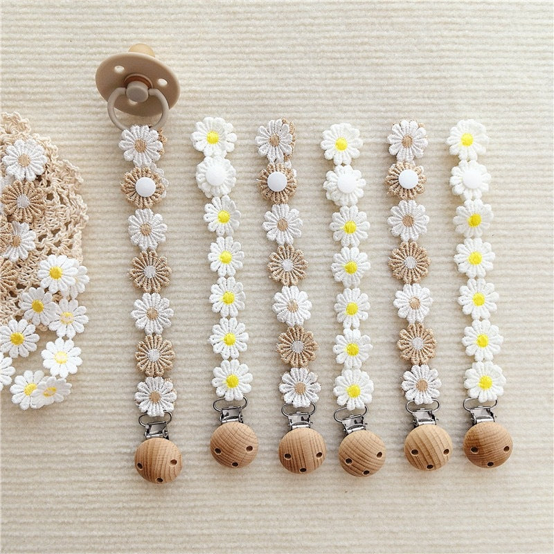 Floral Crochet Pacifier Holder with Wooden Safety Clip