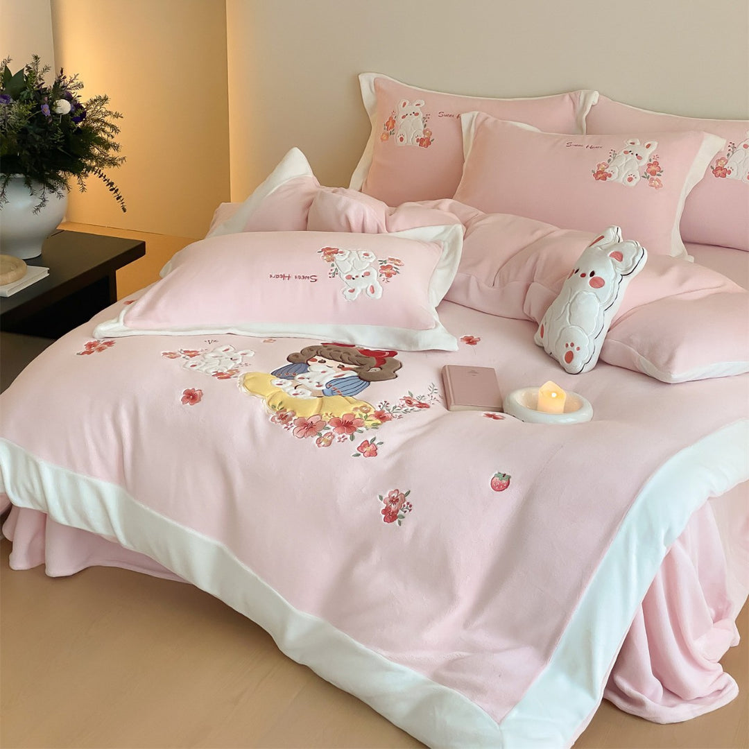 Cartoon Embroidered Duvet Cover Set with Plush Appliqué & Pillow Shams