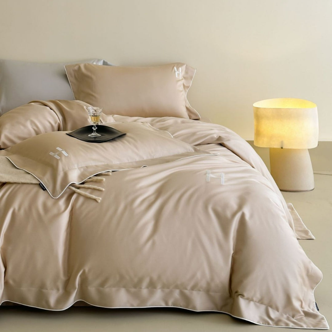 Luxury satin bedding set with subtle piping