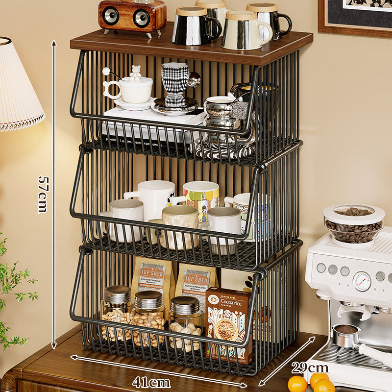 Mobile Four-Tier Kitchen Pantry Organizer Cart with Wood Top and Rolling Wire Baskets