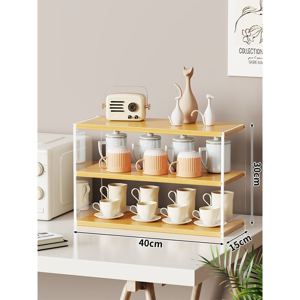 Compact Multi-Level Countertop Cup and Mug Display Shelf with Bamboo Shelves and Transparent Sides