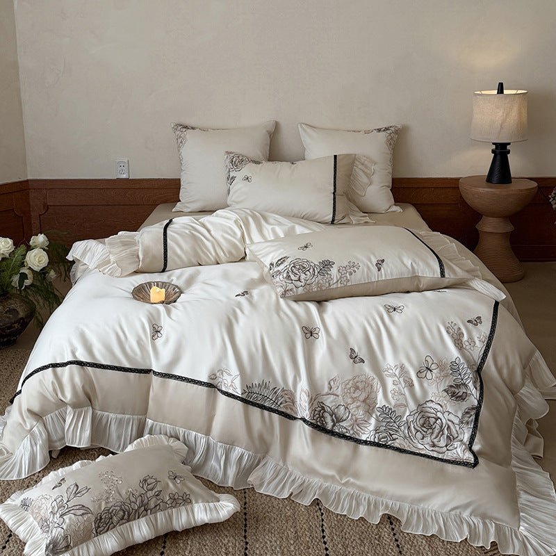 Luxury Embroidered Ruffled Cotton Sateen Duvet Cover Set