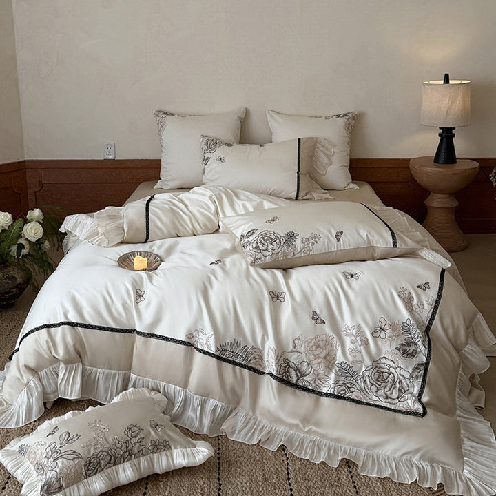 Luxury Embroidered Ruffled Cotton Sateen Duvet Cover Set